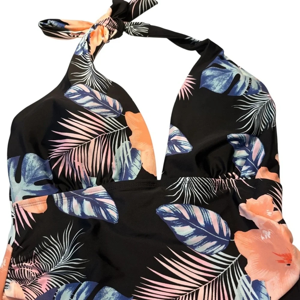 DKNY Floral Halter Neck Swimsuit in Black/Peach/Blue Size L — never worn - Picture 6 of 9
